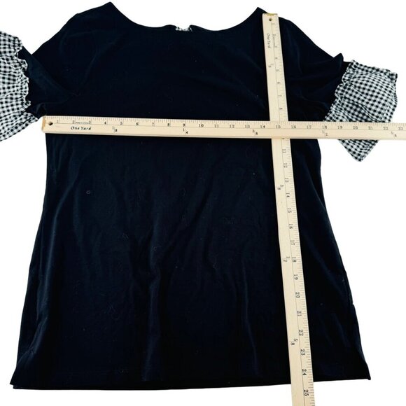 Talbots Womens Black Top With Gingham Ruffle Sleeves & Bow Back Detail Size M - Picture 3 of 5